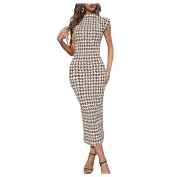 WDIRARA Women's Houndstooth Mock Neck Sleeveless Shoulder Pads Bodycon Dress Brown White S