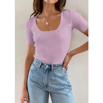 Carpetcom Women's 2024 Short Sleeve Square Neck Ribbed Knit T-Shirts – Stylish Slim Fit Casual Bas...