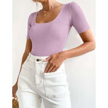Carpetcom Women's 2024 Short Sleeve Square Neck Ribbed Knit T-Shirts – Stylish Slim Fit Casual Basic Tee Tops for Summer