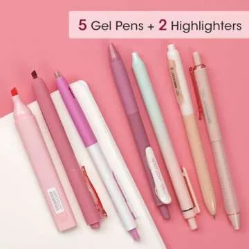WRITECH Gel Pens Journaling Highlighters: Journal Set Aesthetic Assorted Pastel Color Ink 0.5mm Fine Point Retractable 0.7mm Black Pen Smooth Writing Drawing No Bleed 7ct (Pink)