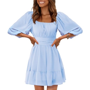 EXLURA Women's Lantern Sleeve Tie Back Summer Dress - Light Blue