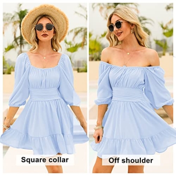 EXLURA Summer Dress with Lantern Sleeves and Tie Back