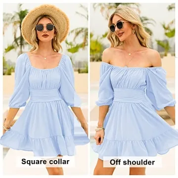 EXLURA Summer Dress with Lantern Sleeves and Tie Back