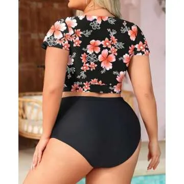 Yonique Womens Two Piece Plus Size Bikini Set High Waisted Swimsuits Tummy Control Bathing Suits Short Sleeve Swimwear Flowers and Black 20Plus