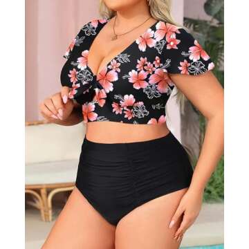 Yonique Womens Two Piece Plus Size Bikini Set High Waisted Swimsuits Tummy Control Bathing Suits Short Sleeve Swimwear Flowers and Black 20Plus