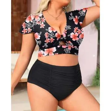 Yonique Womens Two Piece Plus Size Bikini Set High Waisted Swimsuits Tummy Control Bathing Suits Short Sleeve Swimwear Flowers and Black 20Plus