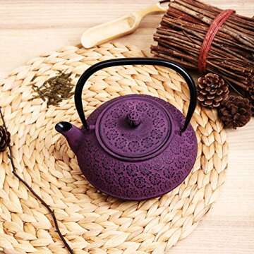 30 oz Elegant Purple Cast Iron Teapot with Infuser and Lid