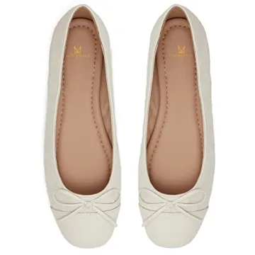 MOOMMO Women Cap Toe Flats Bow Slip On Ballet Flats Comfort Matte White Flat Shoes Round Toe Flat He...