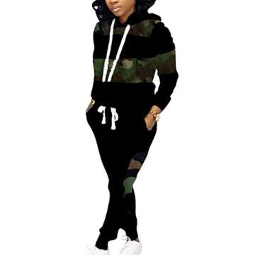 Famnbro Jogging Suits for Women 2 Piece Camo Print Long Sleeve Pullover Hoodie and Bodycon Pants Set