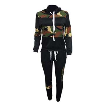 Famnbro Jogging Suits for Women 2 Piece Camo Print Long Sleeve Pullover Hoodie and Bodycon Pants Set