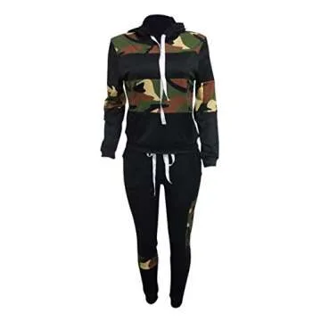 Famnbro Jogging Suits for Women 2 Piece Camo Print Long Sleeve Pullover Hoodie and Bodycon Pants Set