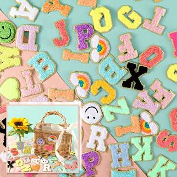 64PCS Adhesive Chenille Letter Patches, 2 Packs A-Z Stick On Varsity Letter Patches Mixed Color Felt Alphabet Stickers Smile Face Love Heart Rainbow Chenille Patches for Clothes Jackets Backpacks Hats
