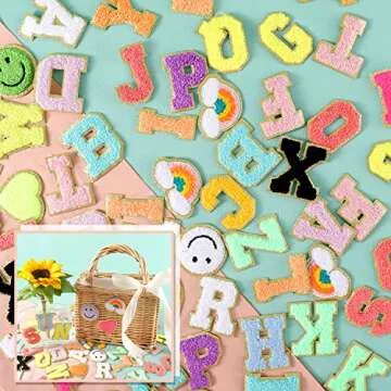 64PCS Adhesive Chenille Letter Patches, 2 Packs A-Z Stick On Varsity Letter Patches Mixed Color Felt Alphabet Stickers Smile Face Love Heart Rainbow Chenille Patches for Clothes Jackets Backpacks Hats