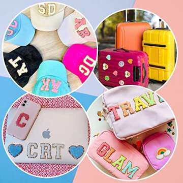 64PCS Adhesive Chenille Letter Patches, 2 Packs A-Z Stick On Varsity Letter Patches Mixed Color Felt Alphabet Stickers Smile Face Love Heart Rainbow Chenille Patches for Clothes Jackets Backpacks Hats