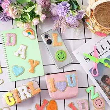 64PCS Adhesive Chenille Letter Patches, 2 Packs A-Z Stick On Varsity Letter Patches Mixed Color Felt Alphabet Stickers Smile Face Love Heart Rainbow Chenille Patches for Clothes Jackets Backpacks Hats