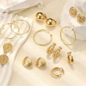 CASSIECA 8 Pairs Gold Clip on Earrings for Women 14K Gold Plated Chunky Hoop Clip Earrings for Women Hypoallergenic Clip on Hoop Earrings Non Pierced Fake Earrings Set Gold Silver Tone