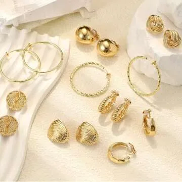 CASSIECA 8 Pairs Gold Clip on Earrings for Women 14K Gold Plated Chunky Hoop Clip Earrings for Women Hypoallergenic Clip on Hoop Earrings Non Pierced Fake Earrings Set Gold Silver Tone