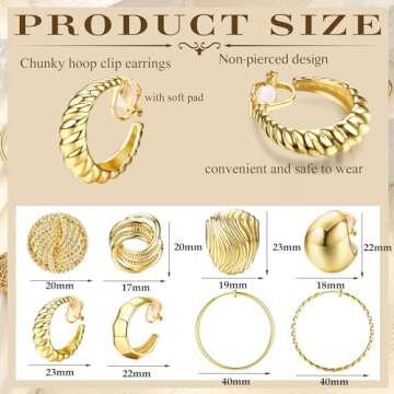 CASSIECA 8 Pairs Gold Clip on Earrings for Women 14K Gold Plated Chunky Hoop Clip Earrings for Women Hypoallergenic Clip on Hoop Earrings Non Pierced Fake Earrings Set Gold Silver Tone