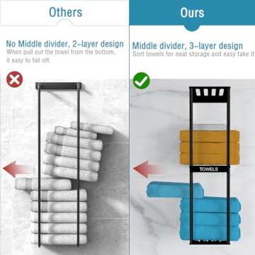 Bathroom Towel Storage Rack, Wall Towel Rack for Rolled Towels, 3 Tier Towel Holder Shelf with 4 Hoo...