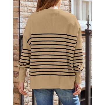 LILLUSORY Women's Oversized Batwing Sweaters 2024 Fall Outfits Crewneck Ribbed Knit Side Slit Trendy Pullover Tops StripeKhaki S