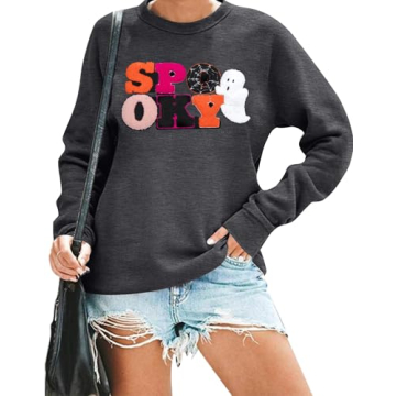 MOUSYA Halloween Spooky Sweatshirts Spooky Patch Pullover Halloween Sweatshirt for Women Fall Chenil...