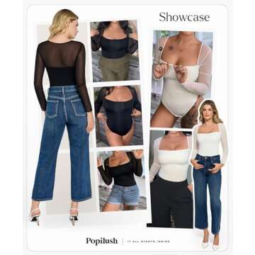Popilush Black Mesh Long Sleeve Tops for Women Shapewear Bodysuit Square Neck Going Out Body Suits F...