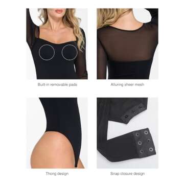 Popilush Black Mesh Long Sleeve Tops for Women Shapewear Bodysuit Square Neck Going Out Body Suits Fall Concert Outfits
