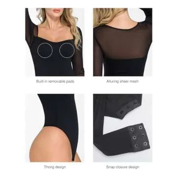 Popilush Black Mesh Long Sleeve Tops for Women Shapewear Bodysuit Square Neck Going Out Body Suits Fall Concert Outfits