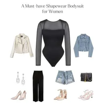 Popilush Black Mesh Long Sleeve Tops for Women Shapewear Bodysuit Square Neck Going Out Body Suits Fall Concert Outfits