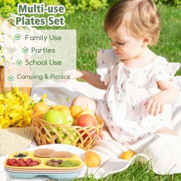 shopwithgreen Bamboo Divided Plates for Kids Adults - Dinnerware Set for Toddlers Kids Children Baby, Toddler Dinner Plates, BPA Free, Stackable, Dishwasher Safe, 9.4 inch, Set of 4