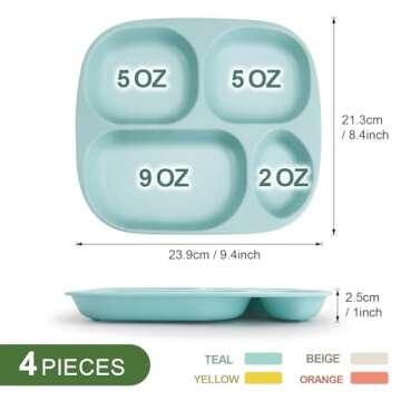 shopwithgreen Bamboo Divided Plates for Kids Adults - Dinnerware Set for Toddlers Kids Children Baby, Toddler Dinner Plates, BPA Free, Stackable, Dishwasher Safe, 9.4 inch, Set of 4