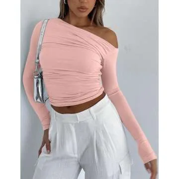 Zeagoo Womens Long Sleeve Off The Shoulder Casual Crop Tops Boat Neck Going Out Slim Fit Y2K T Shirts 2024 Light Pink