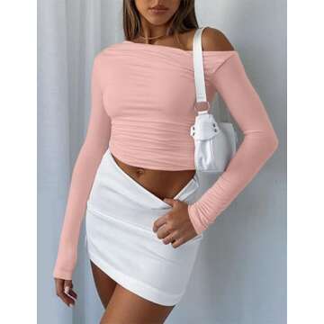 Zeagoo Womens Long Sleeve Off The Shoulder Casual Crop Tops Boat Neck Going Out Slim Fit Y2K T Shirts 2024 Light Pink