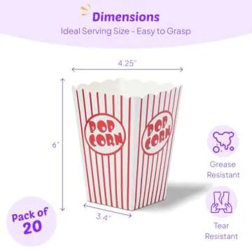 Kedudes Movie Night Popcorn Boxes for Party (20 pack) - Paper Snack Buckets - Movie Theme Party Decorations, Movie Party Favors, Container, Carnival and Cinema Night Supplies - Red/White, 6x4.25 In