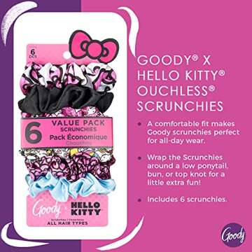 Goody X Hello Kitty Ouchless Scrunchies - 6 Ct, Assorted Colors, Damage-Free, Dentless & Secure Hold...