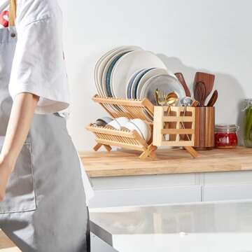 NOVAYEAH Bamboo Dish Drying Rack-2 Tier, Collapsible Small Dish Rack with Utensil Holder, Wooden Dry...