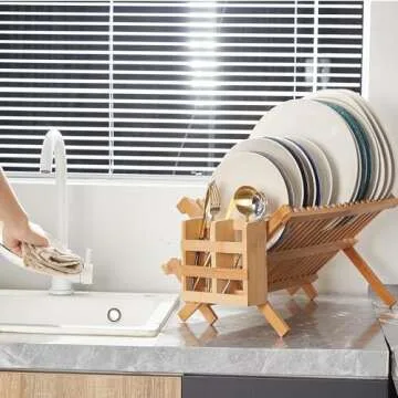 NOVAYEAH Bamboo Dish Drying Rack-2 Tier, Collapsible Small Dish Rack with Utensil Holder, Wooden Drying Rack for Kitchen Counter, Apartment Essentials Kitchen Plate Holder, Kitchen Organization