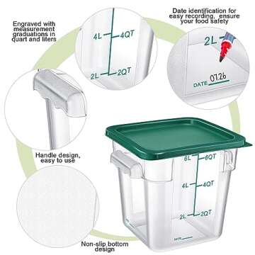 Huwena 4 Pcs Food Storage Container with Lid Set Square Clear Container with Scales Handle for Home Restaurant Kitchen Storage Prep Dough Marinating Meat(4 Qt, 6 Qt, 7.5 Qt, 12 Qt,Colorful)
