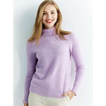 LINY XIN 100% Merino Wool Swetaer for Women Turtleneck Long Sleeve Fall Winter Warm Knitted Pullover Sweater Jumper (Light Purple,L)