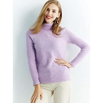 LINY XIN 100% Merino Wool Swetaer for Women Turtleneck Long Sleeve Fall Winter Warm Knitted Pullover Sweater Jumper (Light Purple,L)