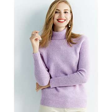 LINY XIN 100% Merino Wool Swetaer for Women Turtleneck Long Sleeve Fall Winter Warm Knitted Pullover Sweater Jumper (Light Purple,L)