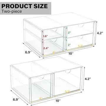 Prsildan Acrylic Drawer Makeup Organizer with 6 Drawers, Set of 2 Office Desk Organizers Accessories, Clear Stackable Storage Drawers for Vanity, Countertop, Craft, Jewelry, Art Supply Organization