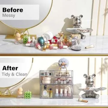 Prsildan Acrylic Drawer Makeup Organizer with 6 Drawers, Set of 2 Office Desk Organizers Accessories, Clear Stackable Storage Drawers for Vanity, Countertop, Craft, Jewelry, Art Supply Organization