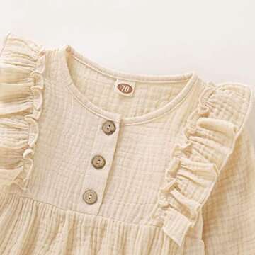 Happy Town Newborn Baby Girl Cotton Linen Solid Romper Ruffle Sleeve One-Piece Bodysuit Infant Summer Outfits (3-6 Months, Beige-Long Sleeve)