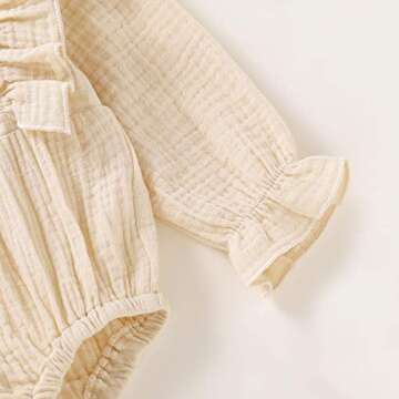 Happy Town Newborn Baby Girl Cotton Linen Solid Romper Ruffle Sleeve One-Piece Bodysuit Infant Summer Outfits (3-6 Months, Beige-Long Sleeve)