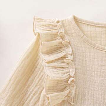 Happy Town Newborn Baby Girl Cotton Linen Solid Romper Ruffle Sleeve One-Piece Bodysuit Infant Summer Outfits (3-6 Months, Beige-Long Sleeve)