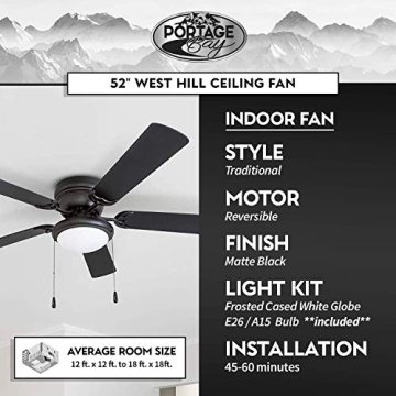 Portage Bay 50251 Hugger Matte Black Ceiling Fan with Light