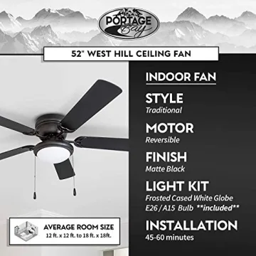 Portage Bay 50251 Hugger Matte Black Ceiling Fan with Light