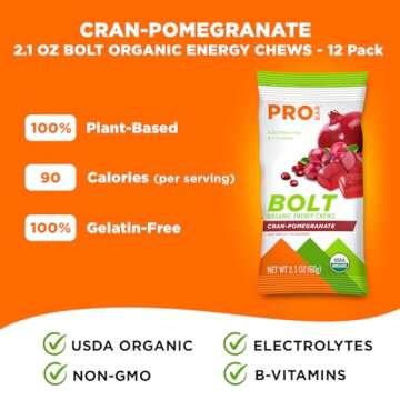 PROBAR - BOLT Organic Energy Chews, Cranberry Pomegranate, Non-GMO, Gluten-Free, USDA Certified Organic, Healthy, Natural Energy, Fast Fuel Gummies with Vitamins B & C (12 Count)