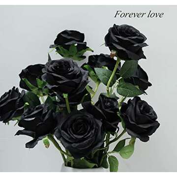 Laelfe 12 PCS Artificial Flowers Black Roses, Fake Silk Flower Long Stem Artificial Black Rose for Halloween Home Wedding Party Decorations(Black)